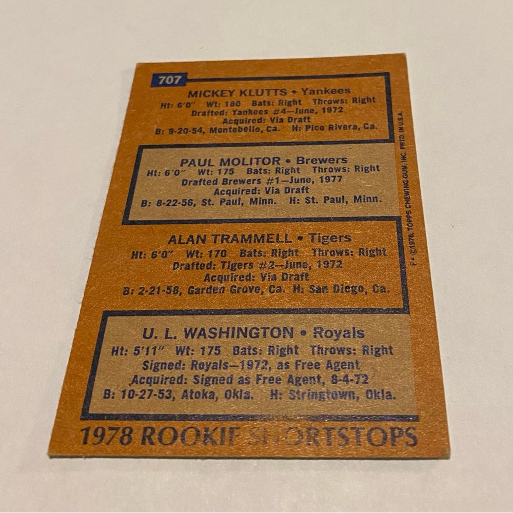 Paul Molitor/Alan Trammell/Mickey Klutts/UL Washington RC Rookie 1978 Topps - Picture 2 of 3